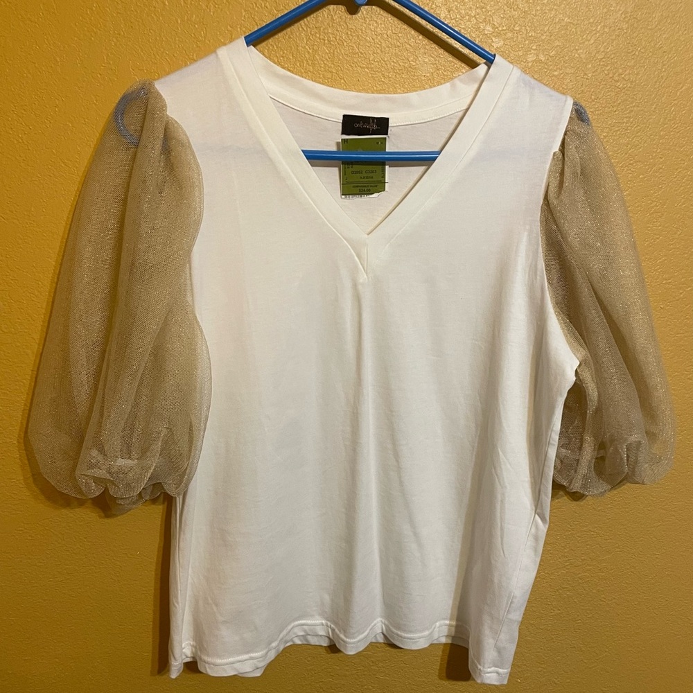 Cotton short sleeve blouse with gold organza sleeves -NWT